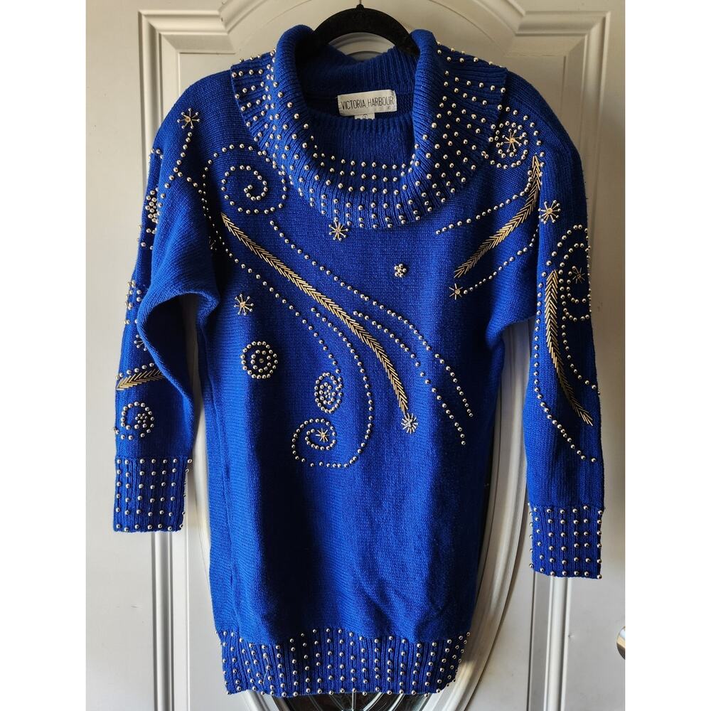Victoria Harbour vtg 80's Sweater Dress Cowl neck Gold Beads Size Small